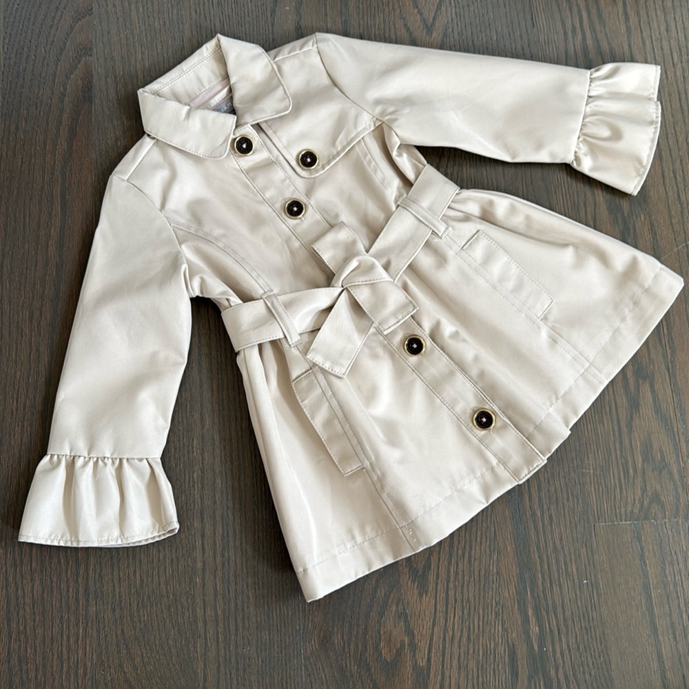 NWT Tahari Baby Girls Beige Trench Coat Pink Lining Belted Jacket 18M